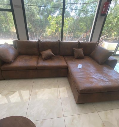 Grand Canapé d’Angle Méridienne – Aspect Cuir Vieilli