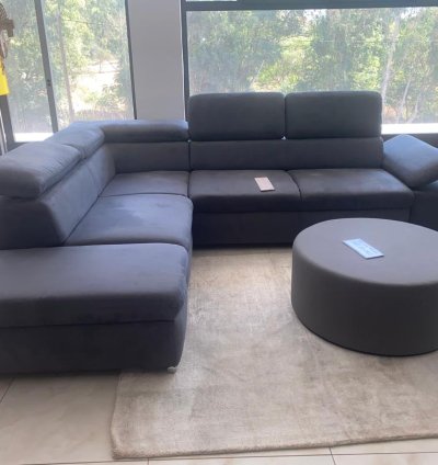 Grand Canapé d’Angle Gris Anthracite + Pouf Rond Assorti