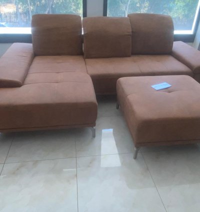 Canapé d'Angle Moderne + Grand Pouf Carré – Aspect Daim Marron